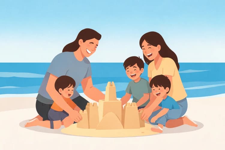 Família brincando na areia em um dia ensolarado