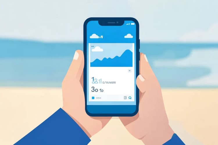 Pessoa olhando a previsão do tempo em um celular na praia