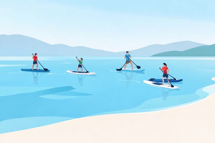 Pessoas fazendo stand-up paddle em um dia de sol em São Sebastião